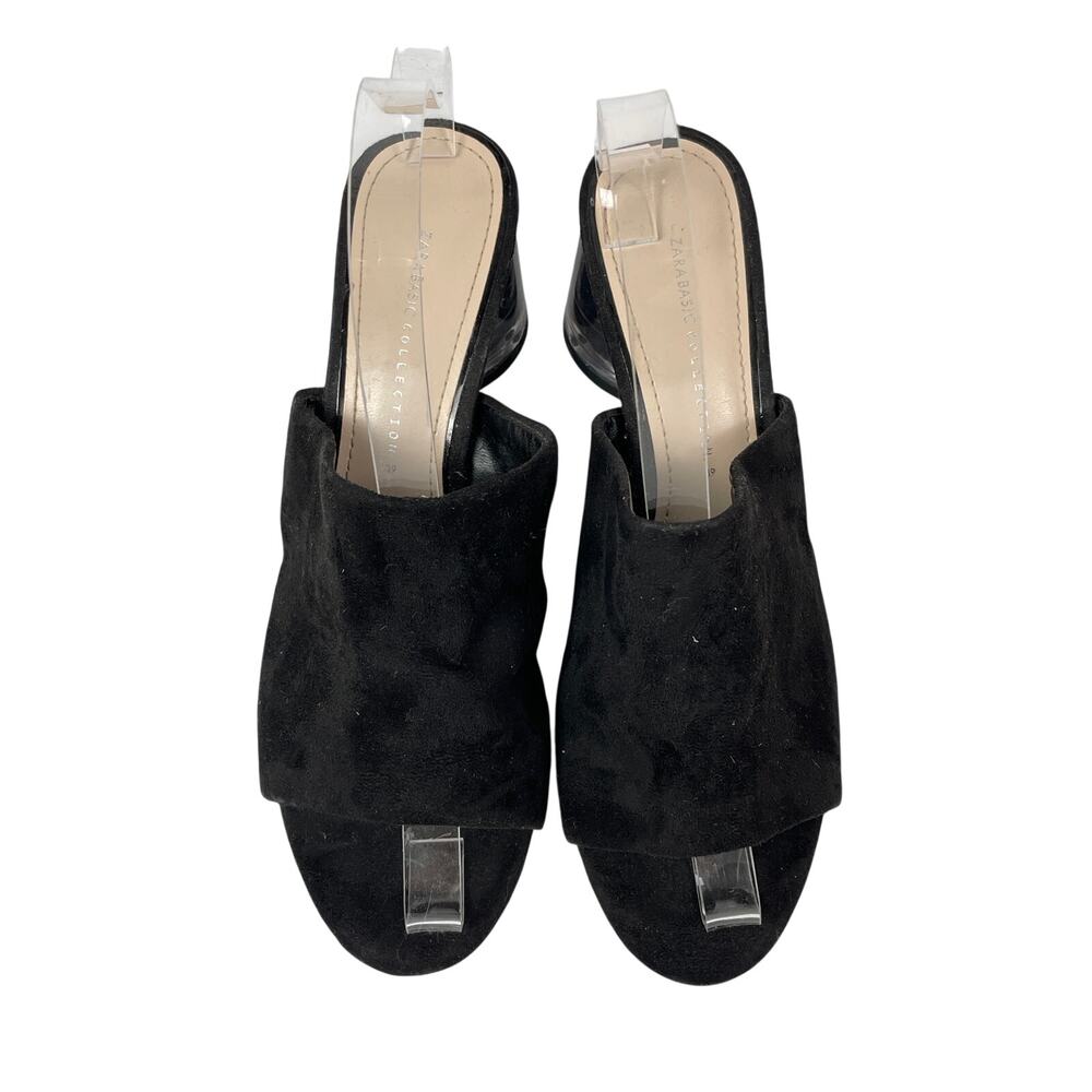 Zara Women's Black Faux Suede Clear Chunky Block Heel Open Toe Mule Heels Sz 7.5 - Picture 2 of 7